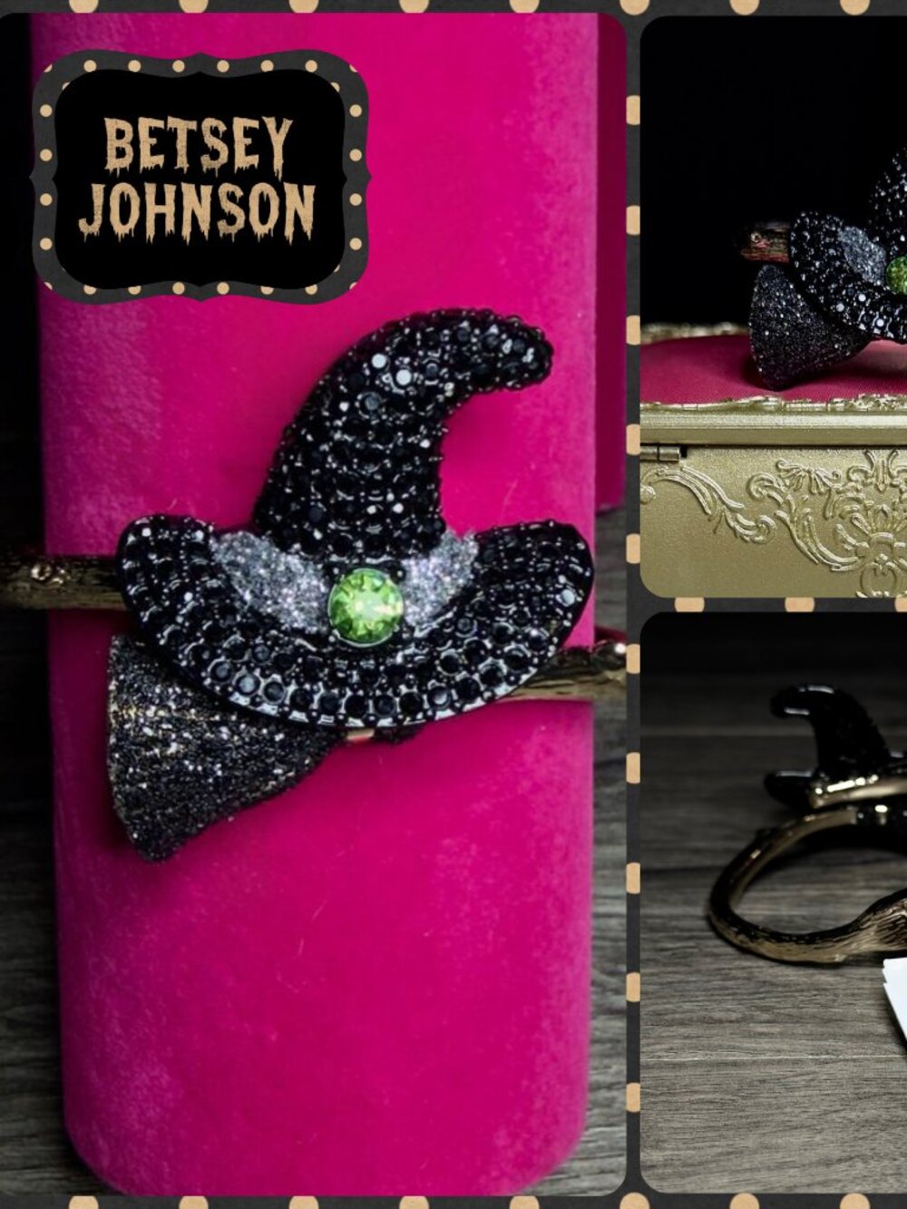 Betsey Johnson Black Witch Hat & Broom Gold Tone Hinge Bangle Crystal Bracelet